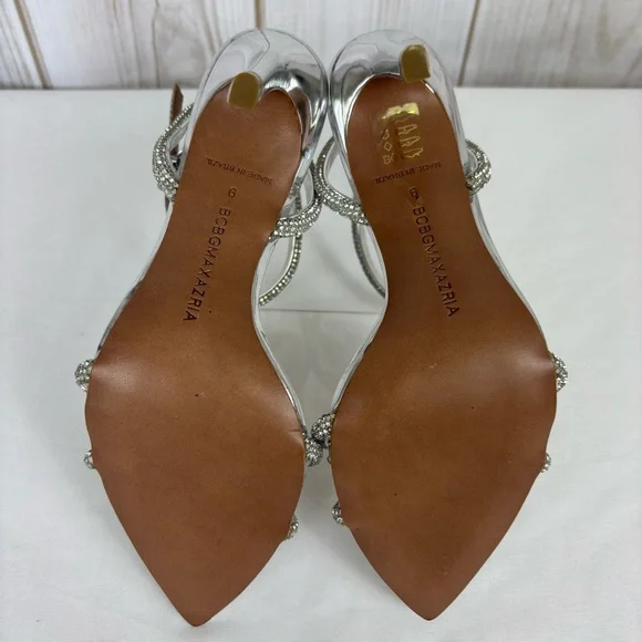 BCBGMaxazria Leather Heels Rhinestone Strappy Stiletto Elegant Pumps Silver Sz 9 - Picture 12 of 16